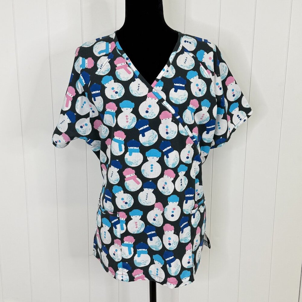 Butter Soft Women's Scrub Top Size LG Snowman Party Mock Wrap Snowmen